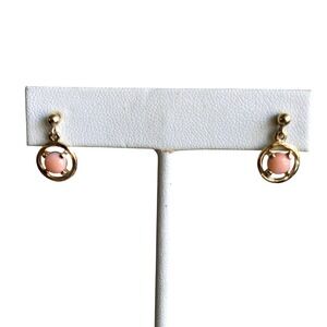 14K Gold Pink Coral Drop Earrings Angel Skin Cabochon Petite Dangle Vintage
